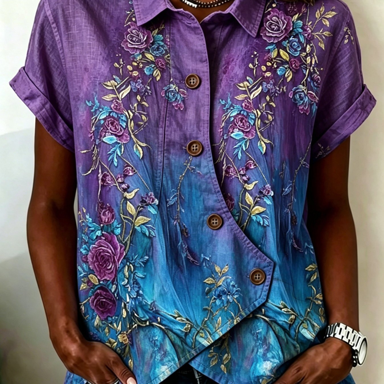 TEMU Women's Casual Purple To Gradient Floral Embroidered Button-up Shirt, Watercolor Design Bohemian Style Short Sleeve
