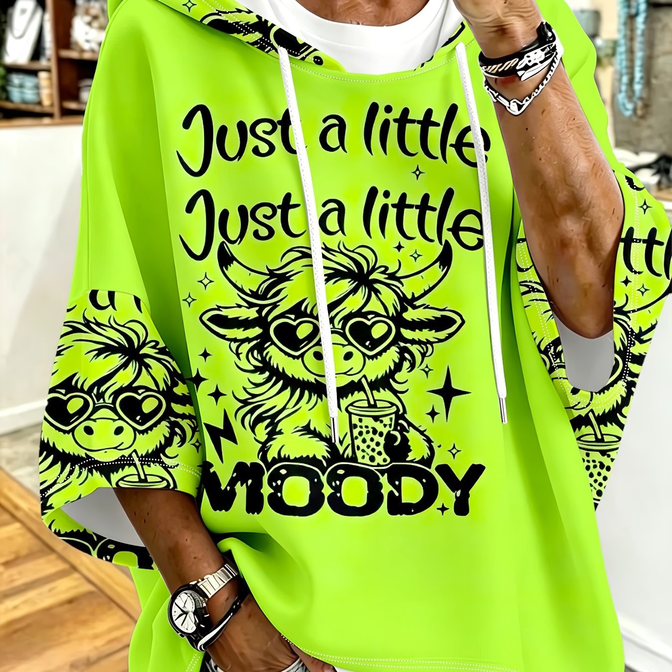 TEMU Plus Size, Plus-size Women's Hooded Top In Black With Fashion Glasses And Cow Cartoon Print, Loose Drop-shoulder Hoodie, Fun Farmhouse-style