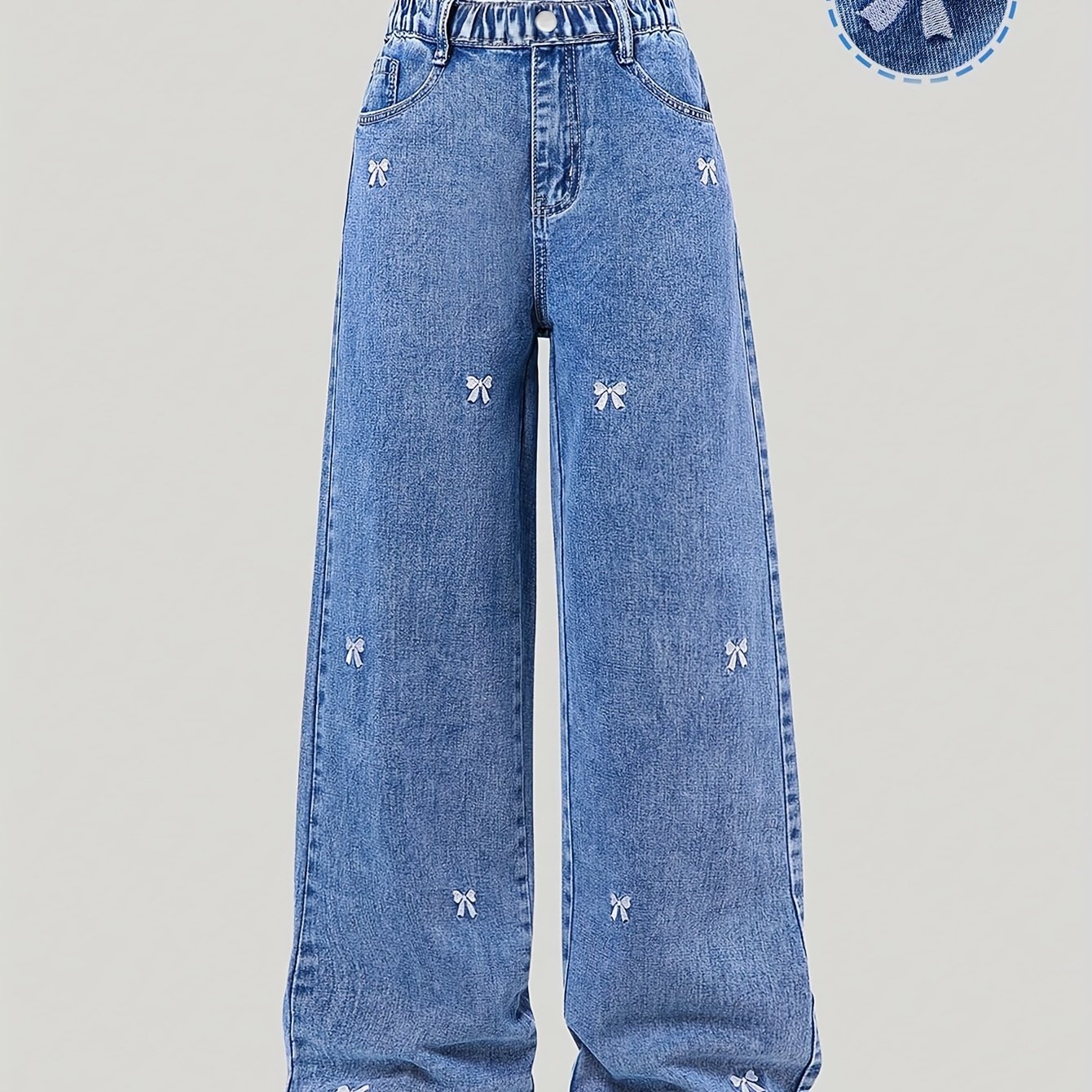 Girls' Vintage Street Style Bow Embroidered Blue Washed Jeans | Loose Fit | Casual Everyday Versatile Style