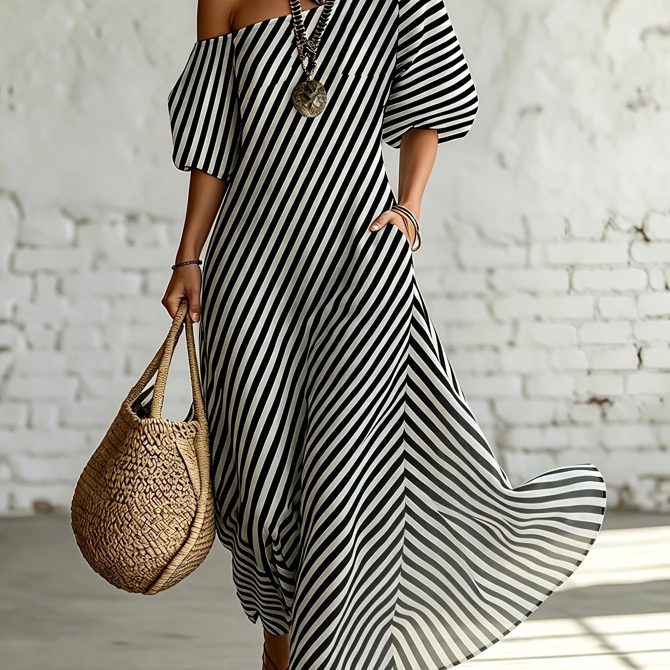 TEMU Women's Off-shoulder Striped Maxi Dress, Puff Sleeve Loose Flared Long Skirt, Black And White Striped Beach Dress