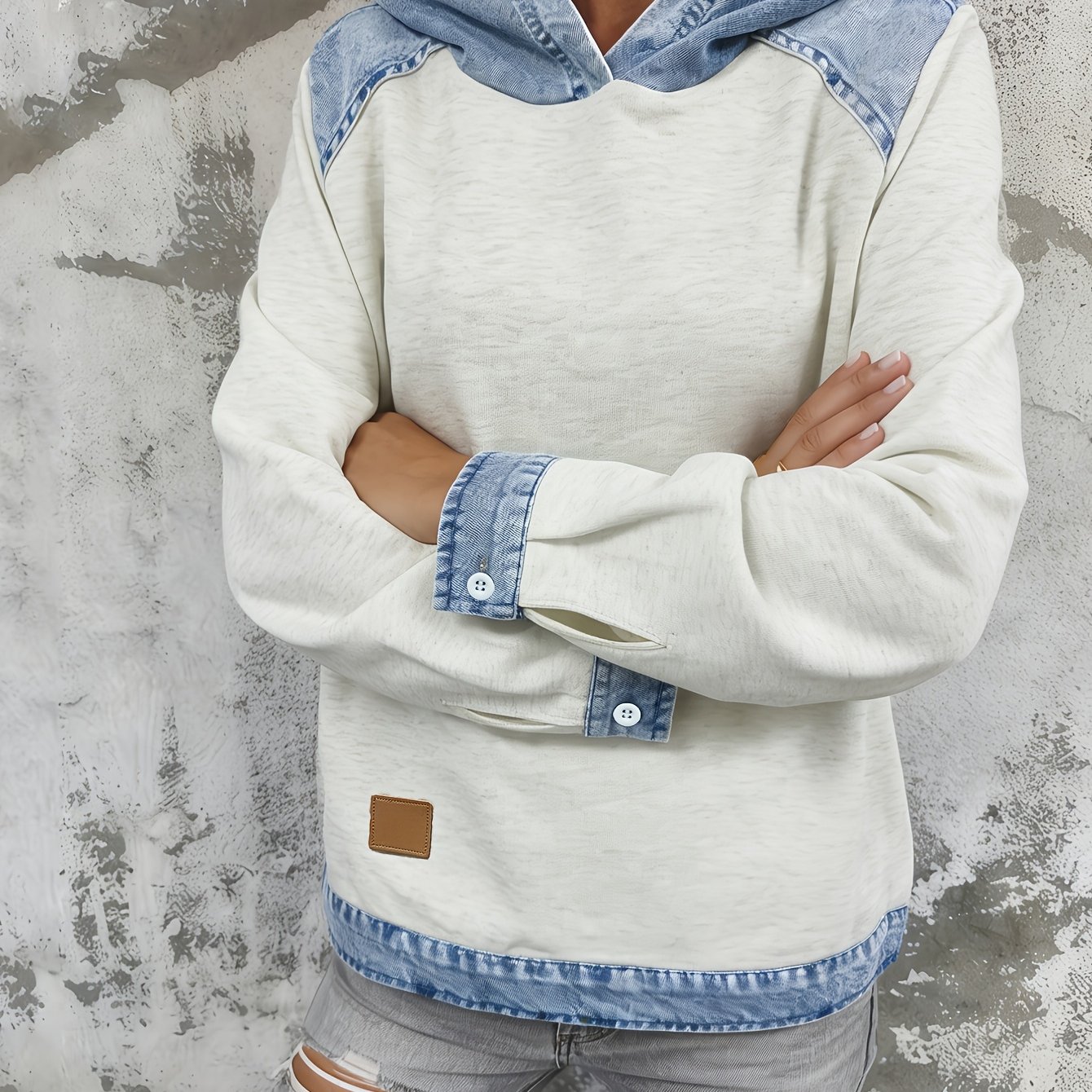 Image of Women's Gray Casual Hoodie With Denim Accents, Stylish Long-sleeved Top Featuring , Shoulder Panels And Cuffs For A Trendy Everyday Look
