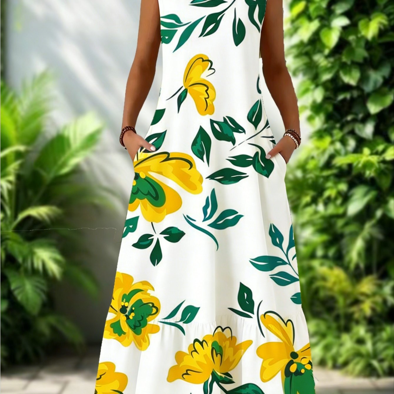 Plus Size, Plus Size [2d Flat Pattern] Lightweight Women's Sleeveless Floral Fashion Print Pocket Maxi Skirt, Casual Summer Style, Crew Neck Loose Fit, Suitable For And Casual Parties, In , 2d Flat