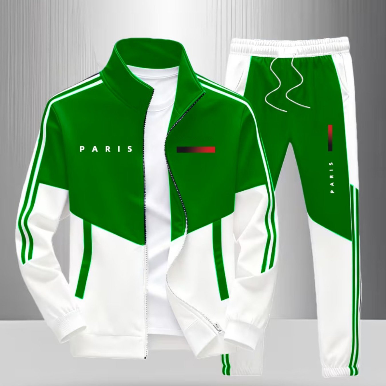 Image of Track Jacket Pants Set Street Style Casual Block Stripe Paris Letter Print Men's Fashion Sportswear For Adults Men- Casual Wear