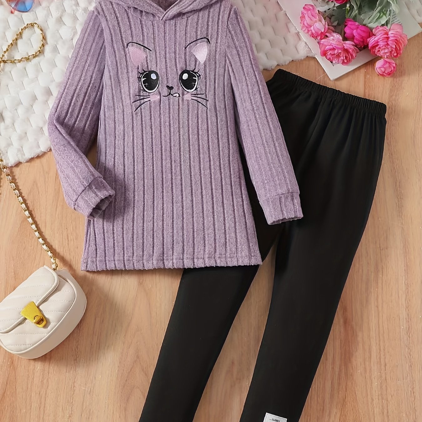 Image of Girls' Cute 2pcs Set, Top And Long Sleeve Hoodie With Cat Face Embroidery, 3/4 Length Top And Pants Design, Fashionable And Adorable, For Outdoor