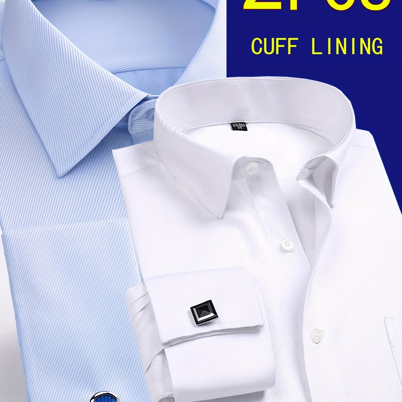 TEMU 2pcs Men's French Cuff Shirt Wrinkle Free Formal Dress Shirts With Detachable Cufflinks Slim Fit For Wedding Black White Blue