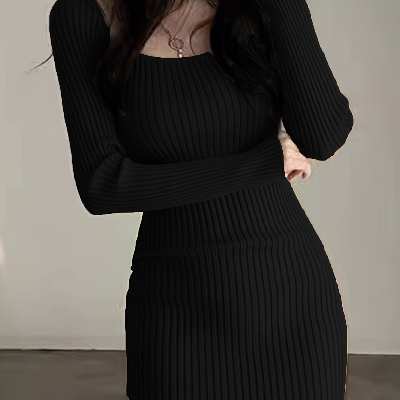 TEMU Autumn Winter Sexy Tight Dress Solid Round Neck Long Sleeve Dress Women Pure Style Hot Inner Short Skirt Base Layer -hugging Skirt