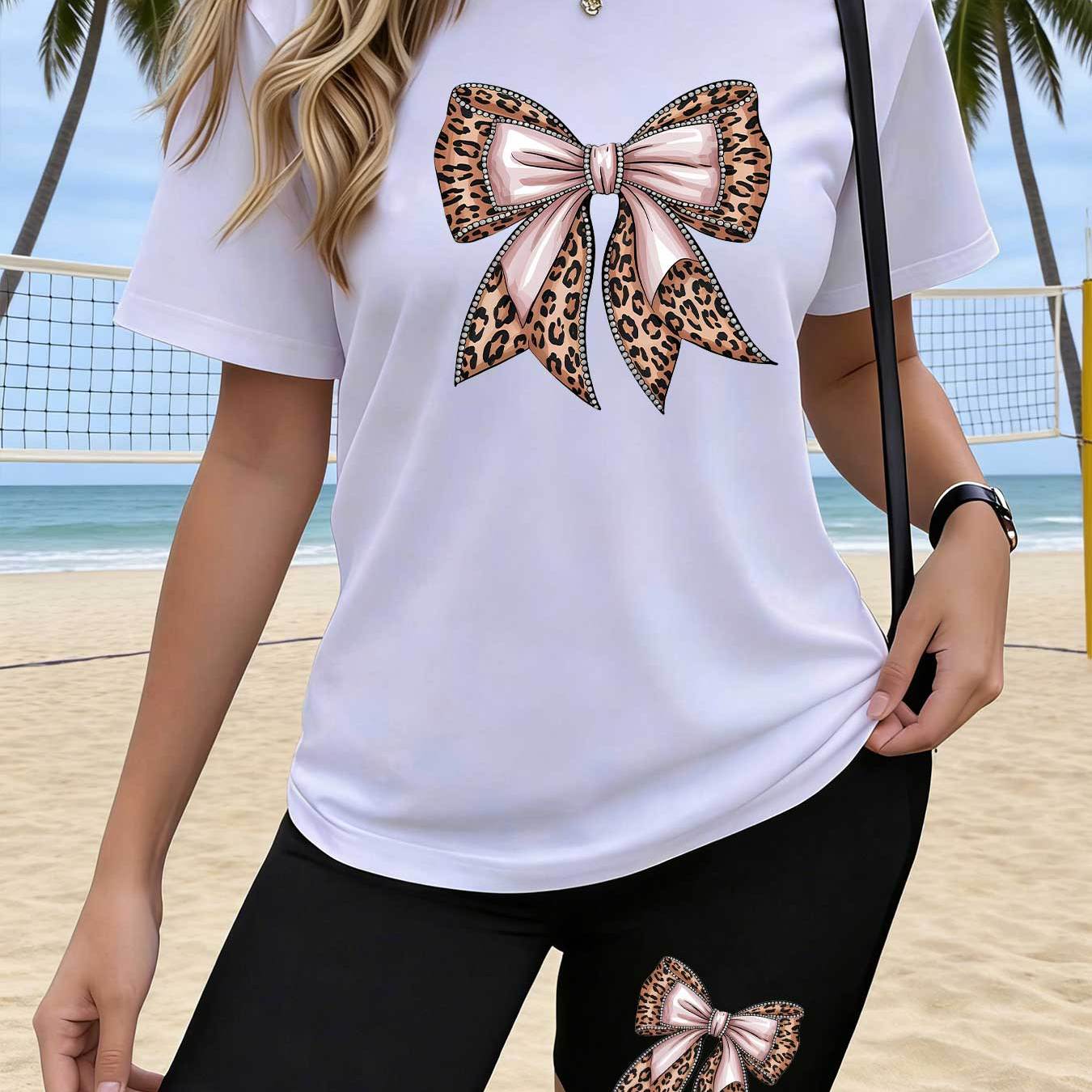 TEMU Y2k Women's 2pcss Set, Leopard Print Creative Artistic Trendy Pattern, Western Women's Round Neck T-shirt And Elastic Waist Shorts, Women's