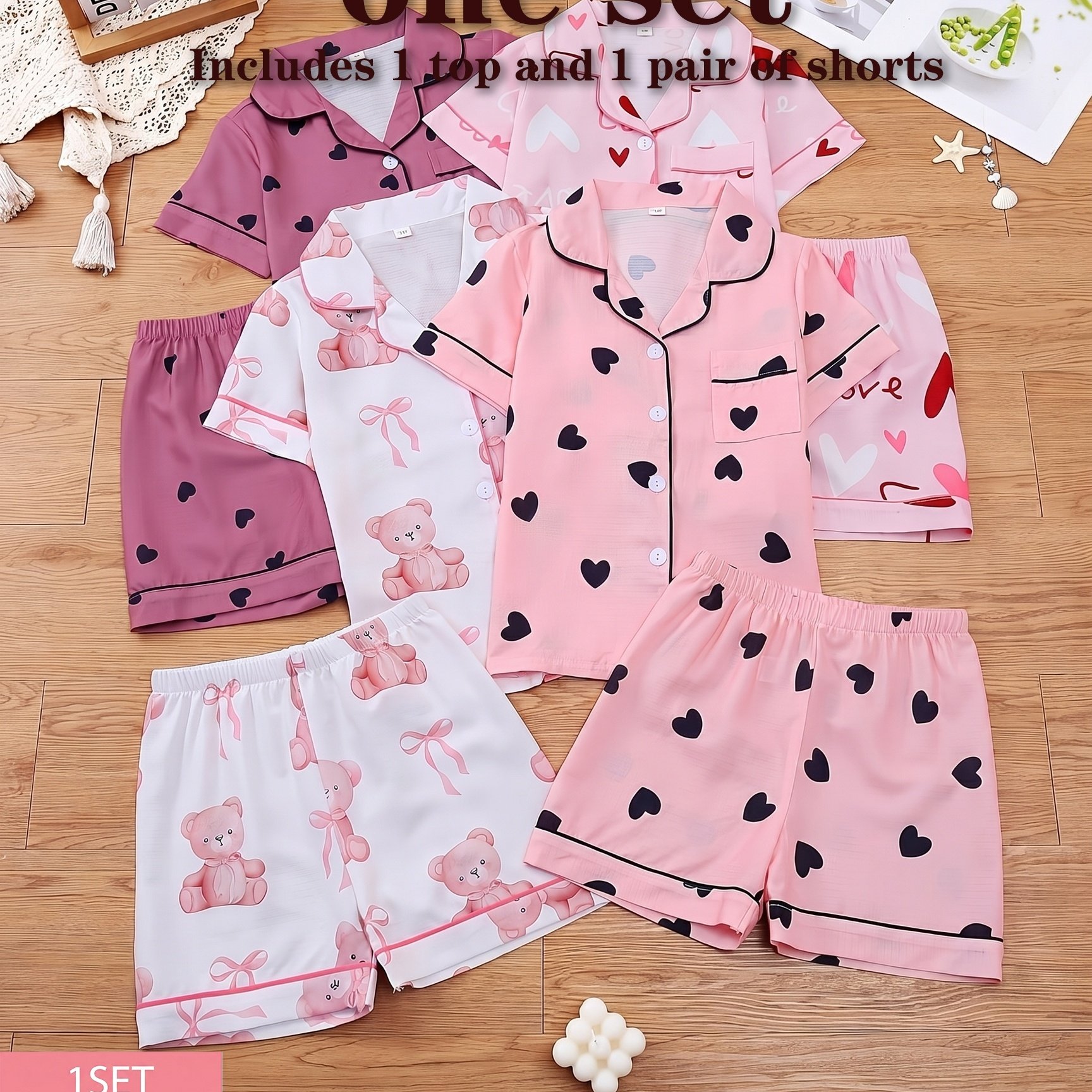 TEMU Random 1 Set!girls' Lapel Pajama Set, Short-sleeve Top And Elastic-waist Shorts, Taro , Light , White With And Bows, Pink With Black Hearts.