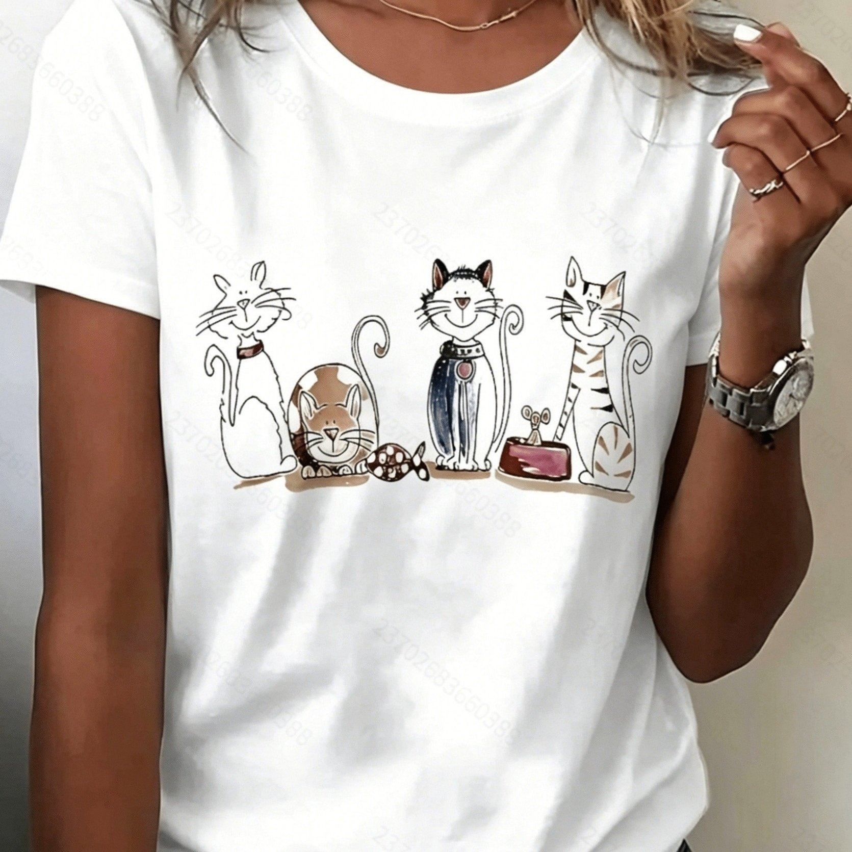 TEMU Women's Soft Breathable - Cute Kitten & Cat Crew Neck Short Sleeve Blouse-compatible Base Shirt Suitable For Daily Wear, Travel, Gifts, Machine