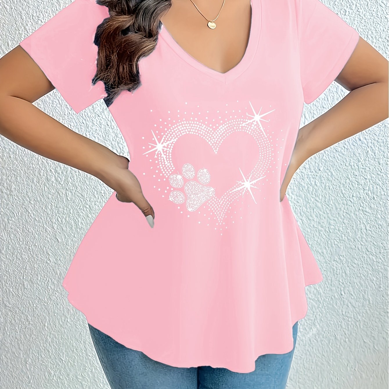 TEMU Plus Size, Women's Plus Size V-neck Solid & Geometric T-shirt - Elegant Casual Summer Suitable For Spring/summer, Machine Washable Blouses (no )