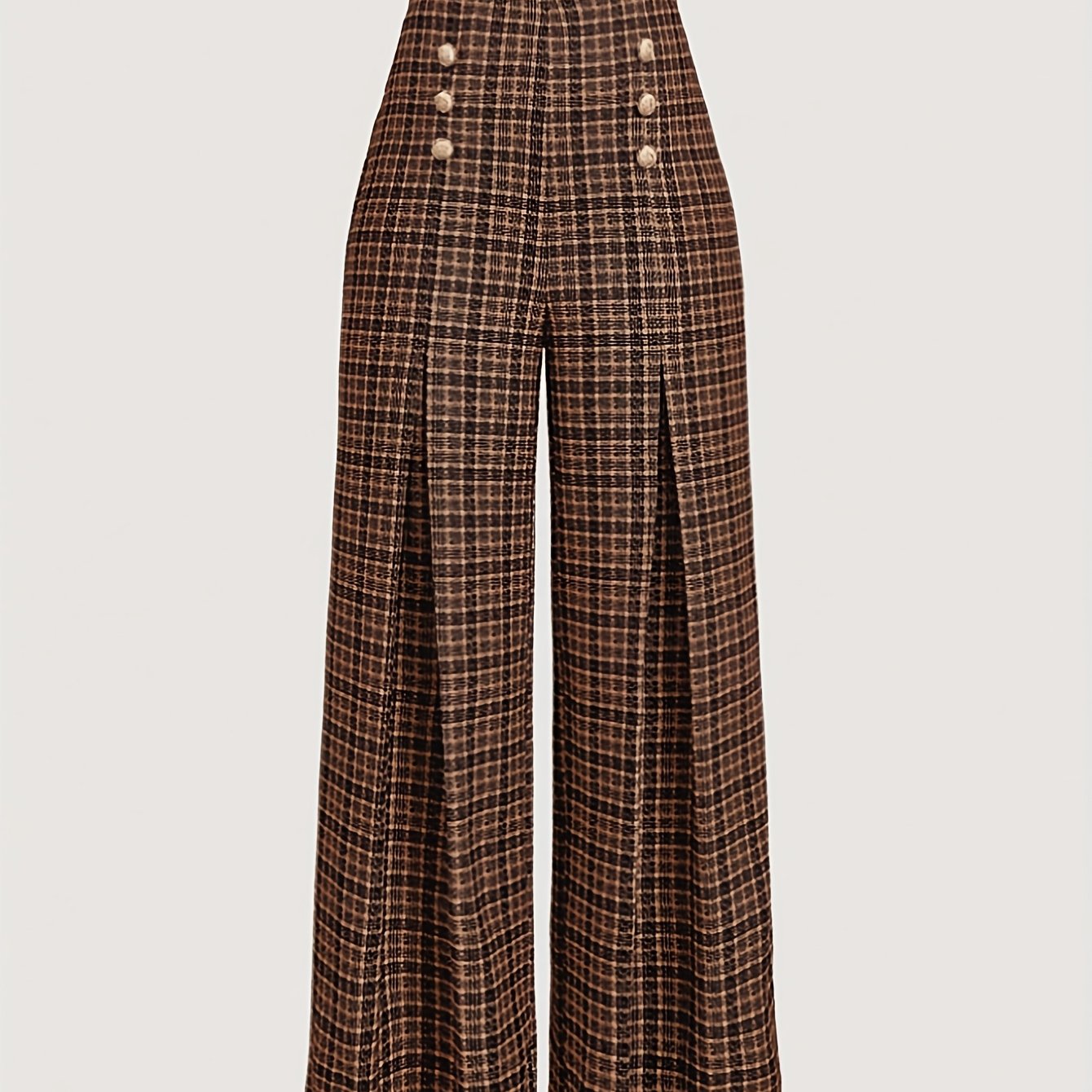 TEMU Elegant Wide-leg Trousers - Brown (beige/tan) With Button Waist & -like Pattern, Machine-washable Pants For Casual & Formal Wear, Fit Trousers