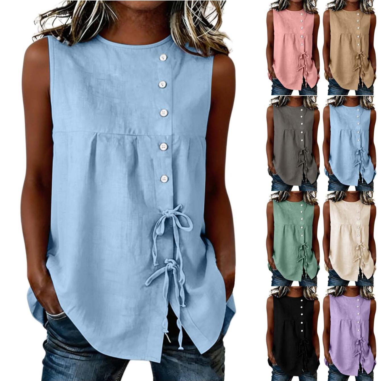 Image of Women's Fashion Solid Color Buttons Sleeveless Strap Round-neck Tie Casual Tank Tops, Summer Daily Vacation Classic Vintage Minimalist Linen Blouse Tops, Modern Feminine Hot Weather