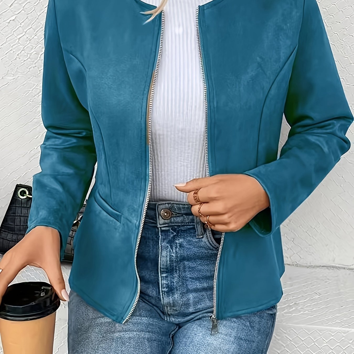 Image of A Stylish Solid -up Jacket With A Round Neck And Pockets, In . The Fabric Is Soft And Comfortable, And Color Adds Vibrancy And To The Long Autumn And Winter