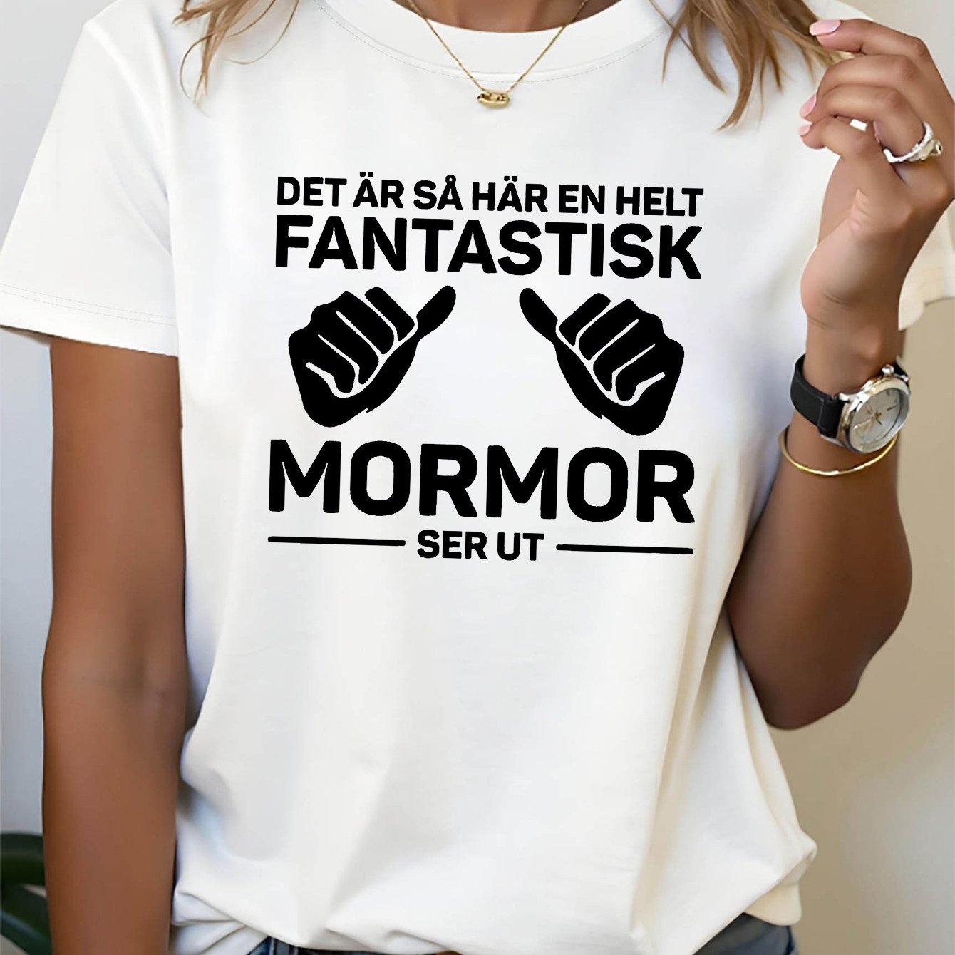 TEMU Swedish ' Mormor' Letter Print T-shirt, Short Sleeve Crew Neck Casual Top For Summer And Spring, Women's Clothing