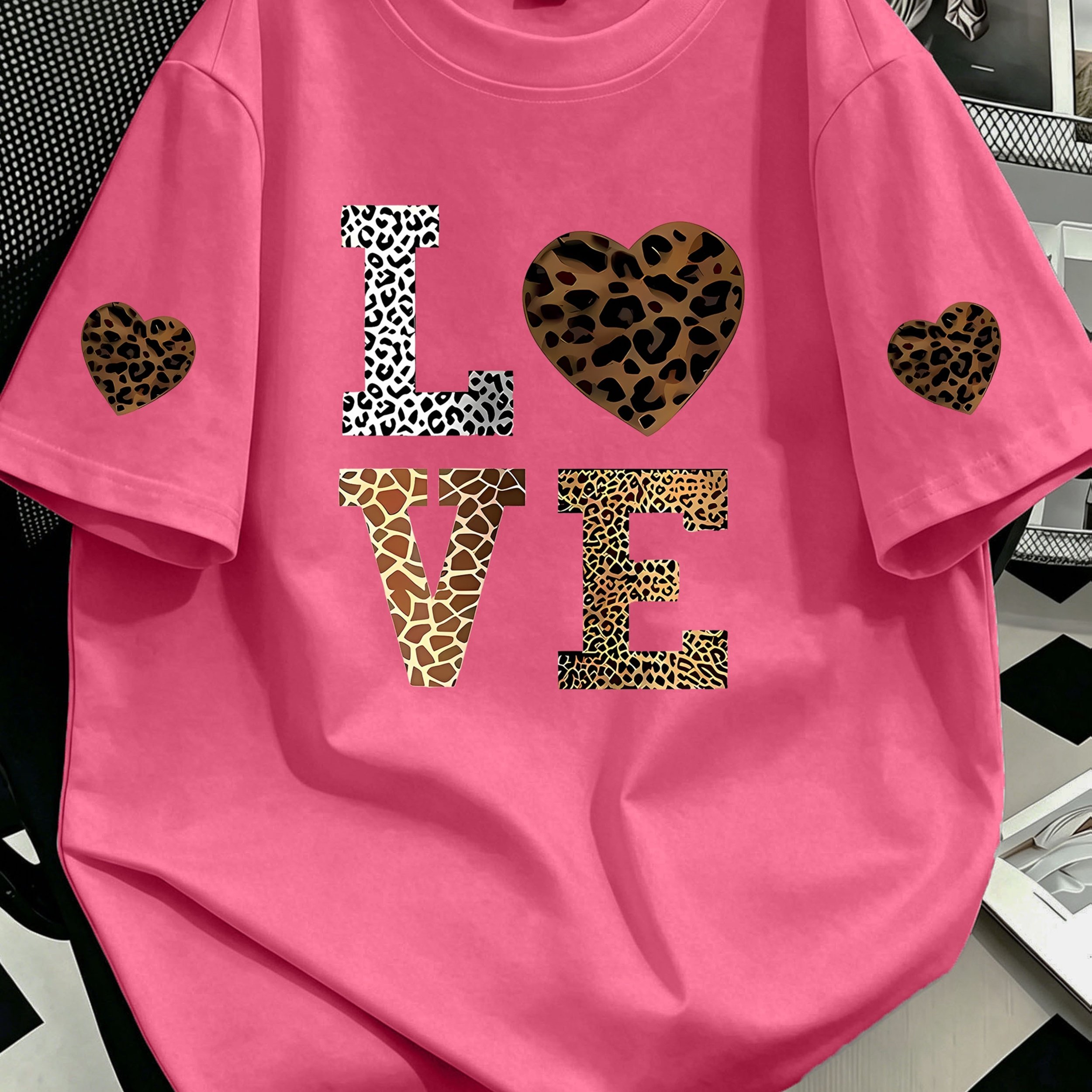 TEMU Talla grande, camiseta extragrande de manga corta para mujer - Estampado de leopardo y , top compatible con blusa de cuello | Ropa de playa