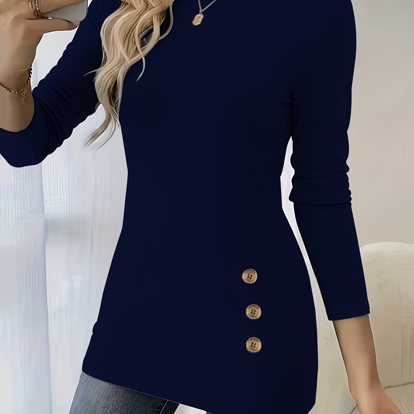 TEMU Chemise Élégante pour Femme à Manches Longues et Couleur Unie - Haut à Col Rond et Coupe Ajustée, Lavable en Machine, Convient pour un Usage et
