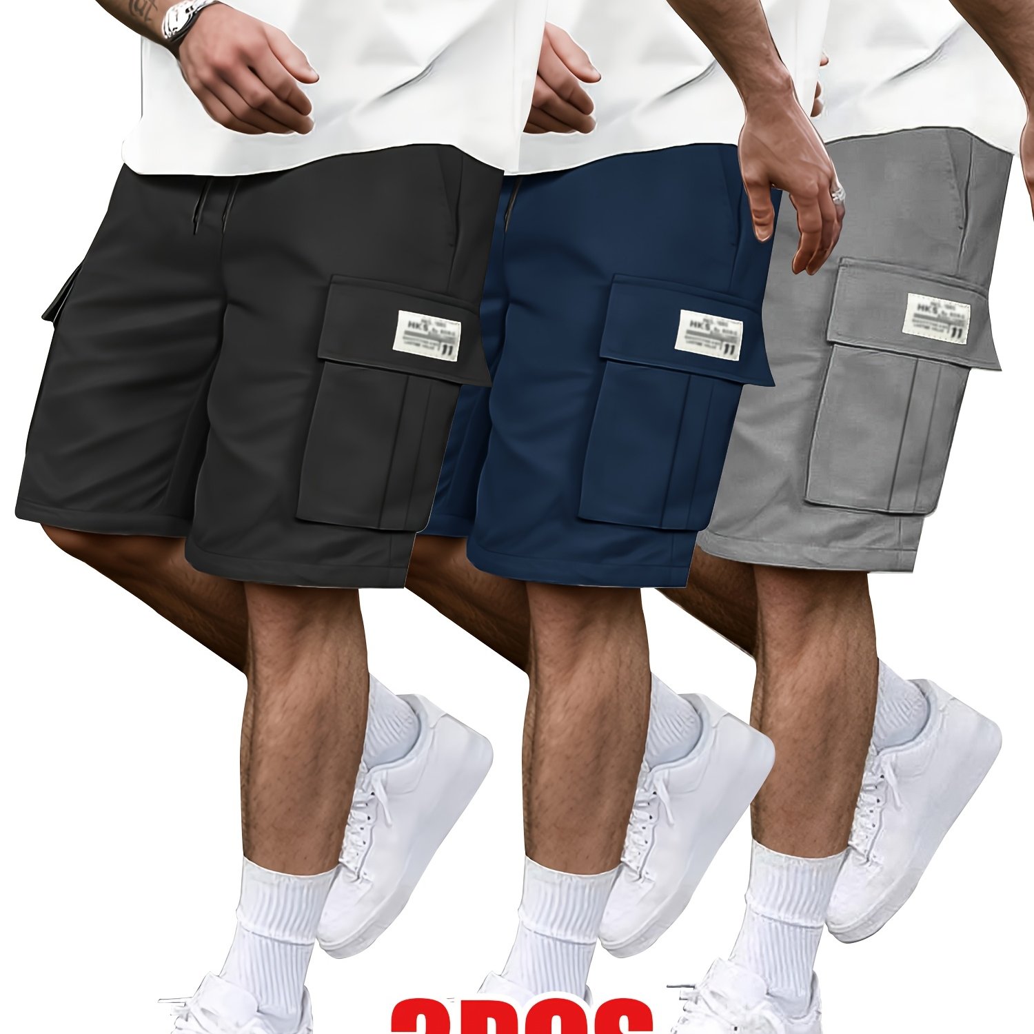 TEMU Men's Casual Cargo Shorts 3pcs In Black, Gray, And Navy - Adjustable Drawstring Mid-waist With Elastic Waistband, Multi-functional Utility