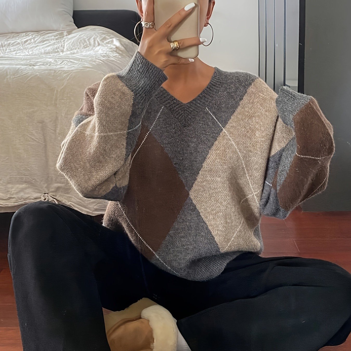 TEMU Color-block Designer Long-sleeve V-neck Pullover Sweater