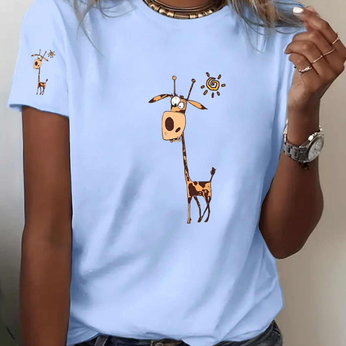 TEMU Neck Short Sleeve T-shirt With Cartoon Giraffe Print, Fun And Vivid Shoulder And Chest Graphic Print - Elegant And Fashionable - Y2k - Women's