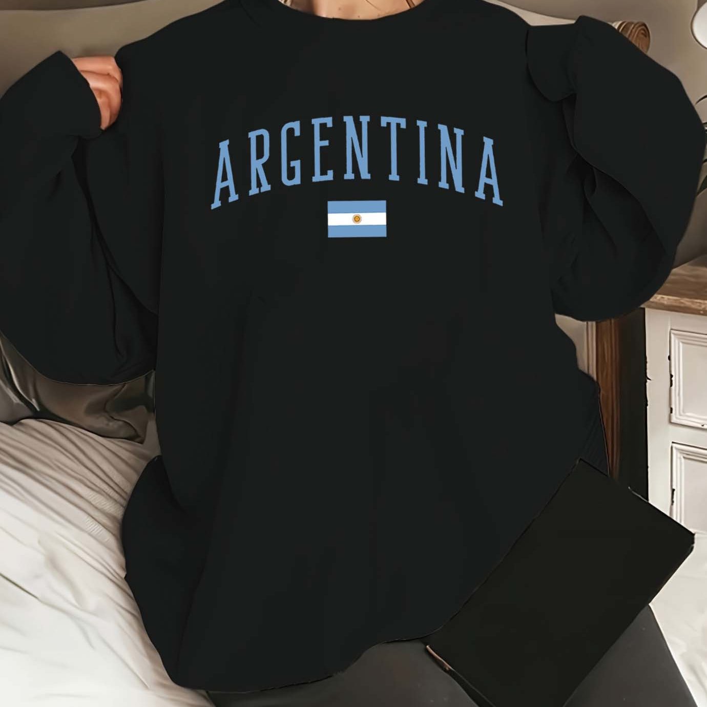 TEMU Argentina Pattern Print Women's Casual Autumn And Winter Sweatshirt Long-sleeved Round Neck Sweatshirt, Soft And Comfortable, Lightweight Blend,