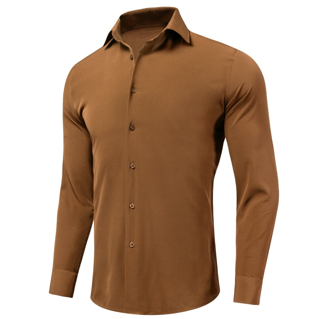 Men's Brown Slim Fit Button Shirt, Long Sleeve Stretch Fabric, Wrinkle-free, Versatile For Office, Party, Wedding & Daily Wear