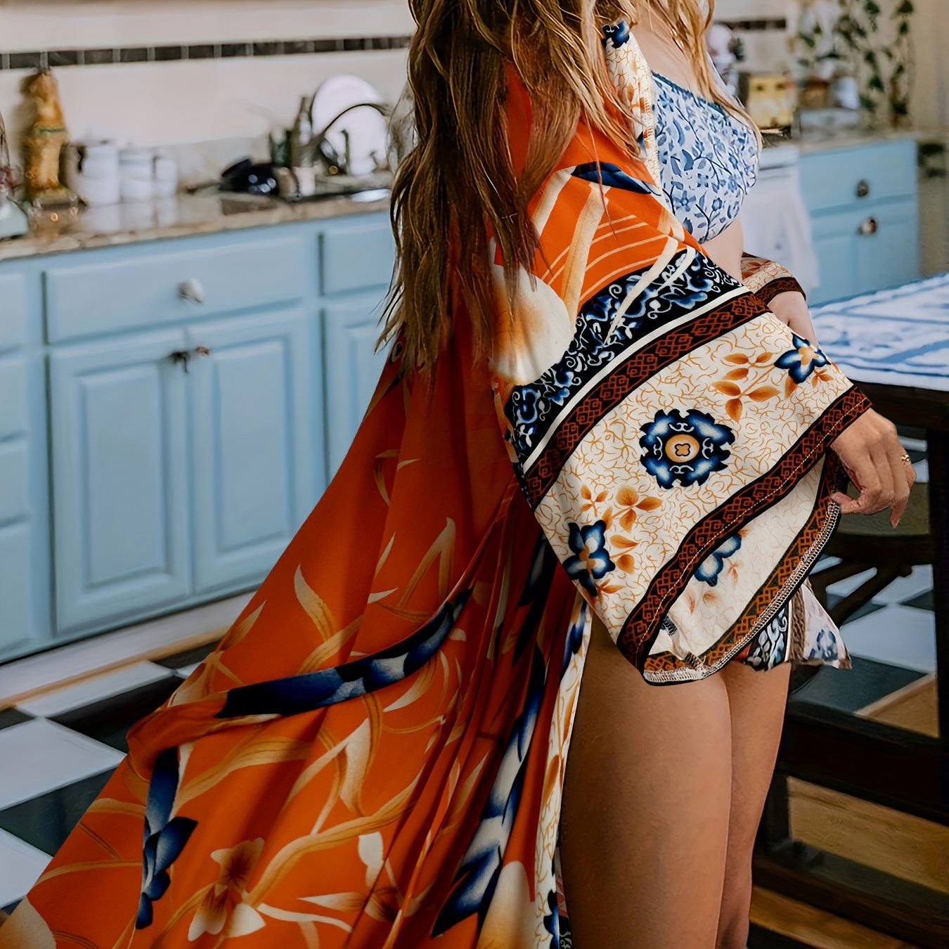 Image of Summer Beach Cover-up Crane Placement Print Beach Shawl Sunscreen Waist Belt Beachwear Vacation Beach Dress