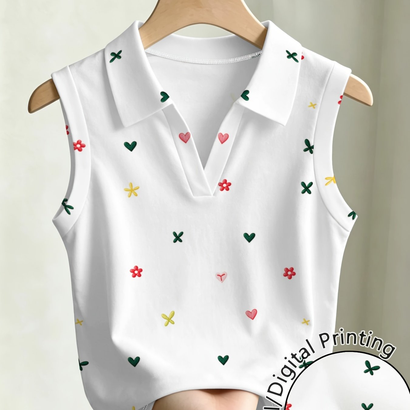 TEMU Sleeveless Collar Top Women's Summer Breathable Comfortable All-match Fashion Printed Short Casual Western Style -looking Daily Wear Holiday