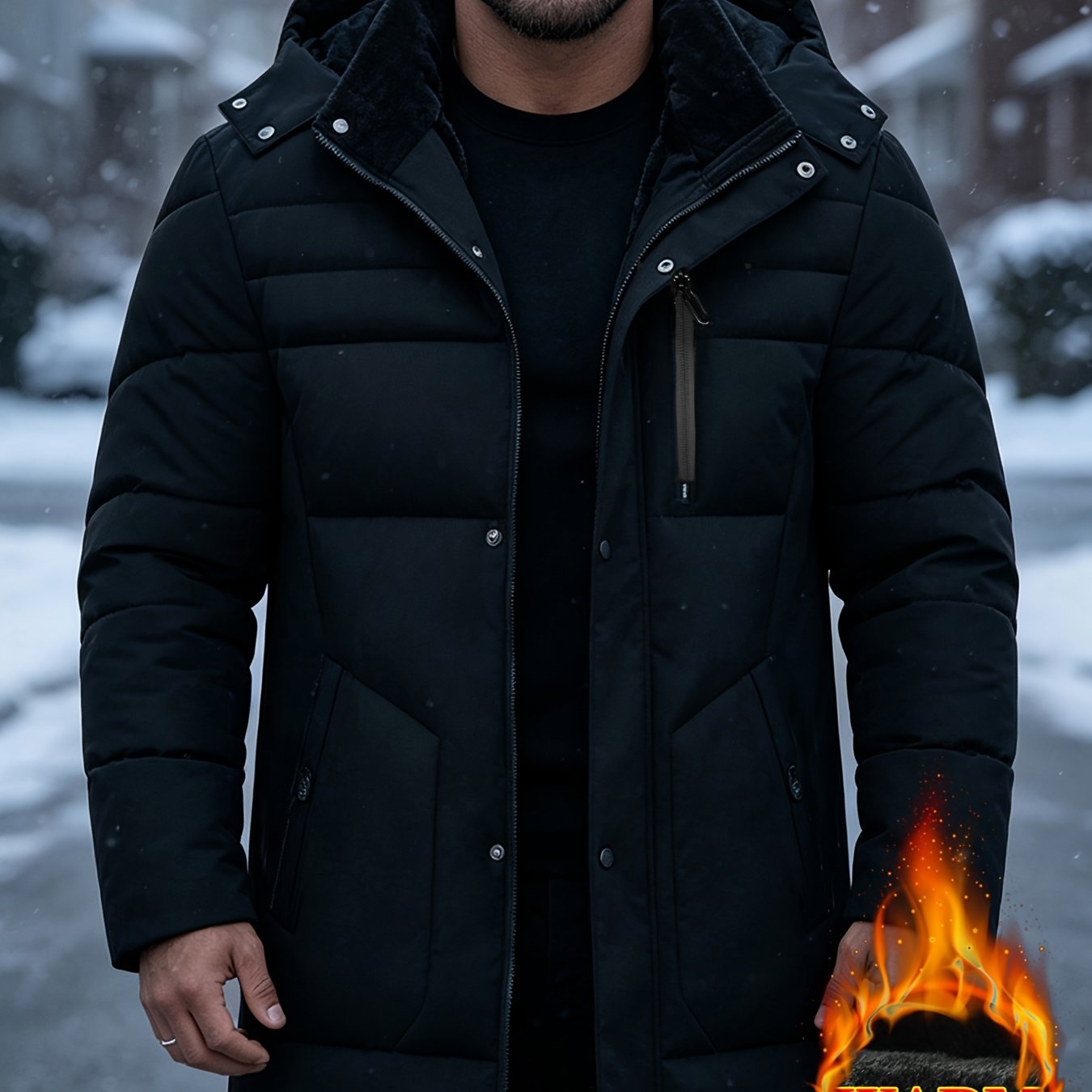 TEMU Men's Mid-length Hooded Thickened Padded, Winter Cold-proof And Warm Quilted Parka Padded, Temperature-locking, Cold-resistant, Windproof,