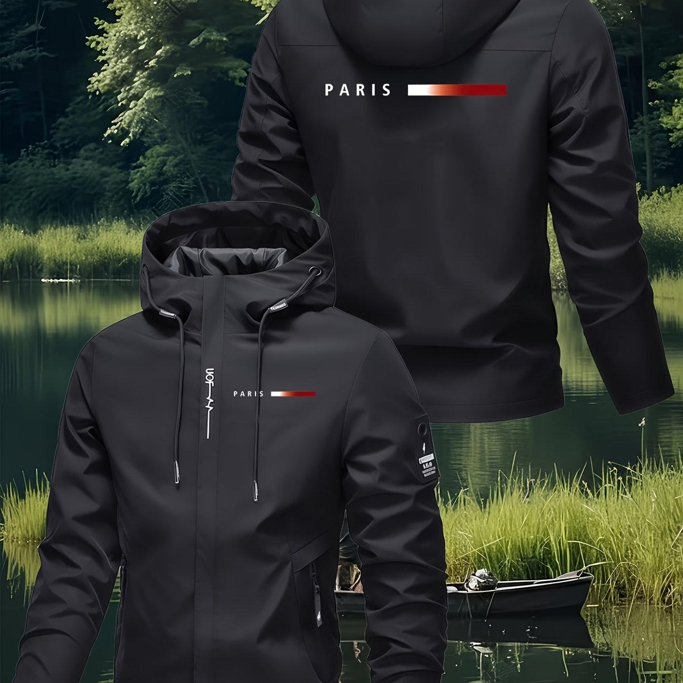 TEMU Men's Heavy-duty High-quality Hooded Windproof- Suitable And Strong , Full-zip , With Logo Patch Pocket, Soft Casual Hiking/fishing, Autumn