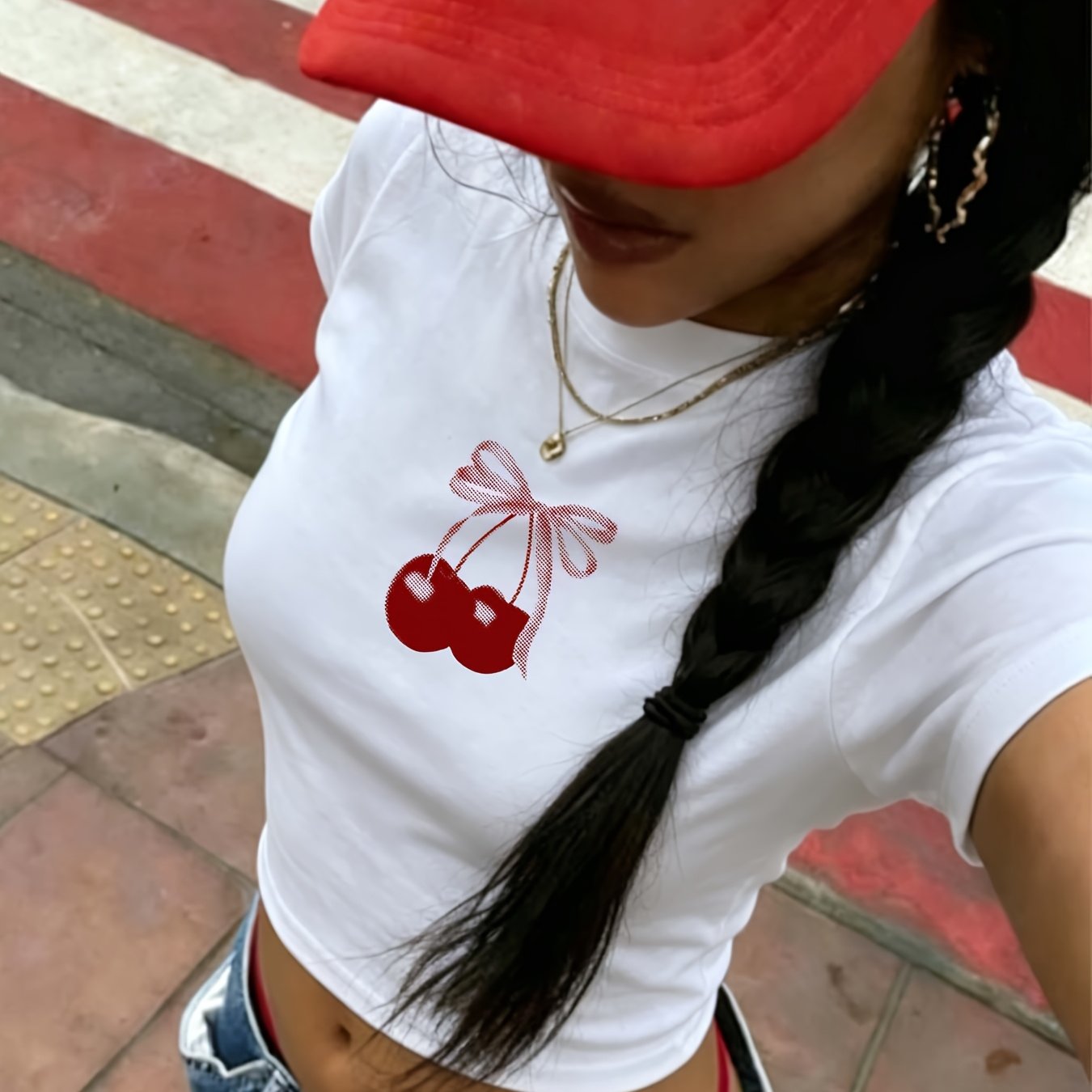 TEMU A Women's Short-sleeved Slim-fitting Crop Top T-shirt - Cartoon Fun Retro Niche Y2k Distressed Minimalist Korean Style Cherry Pattern Print