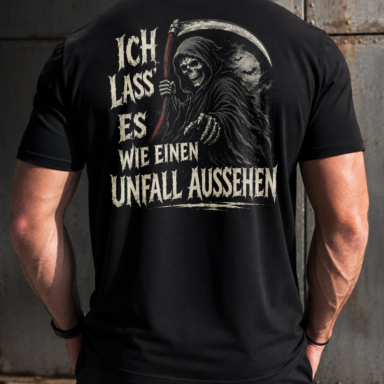 Dark Reaper T-shirt With & "ich Lass Es Wie Einen Unfall Aussehen" Back Print - Eerie Distressed Horror Style Casual Round Neck Tee Suitable For Wear, Themed Events & Everyday Outfits