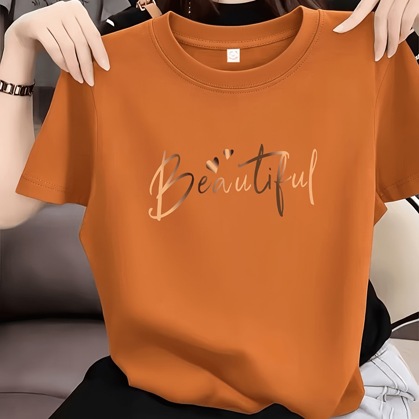 TEMU Summer Casual T-shirt, Women's Fashionable Round-neck Printed Women's Casual Short-sleeve Top