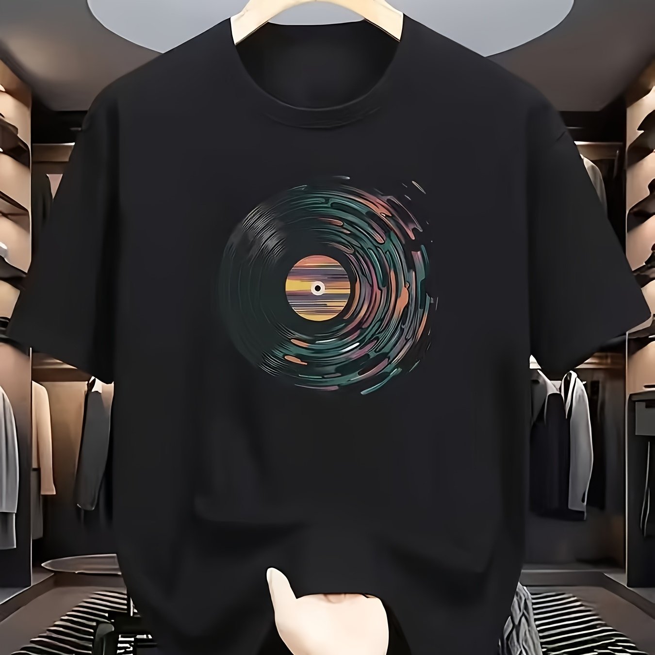 TEMU Record T-shirt - Tee With Distressed Gradient Print, Short Sleeve Round Neck Casual Shirt Suitable For Music Lovers, Themed Parties & Casual