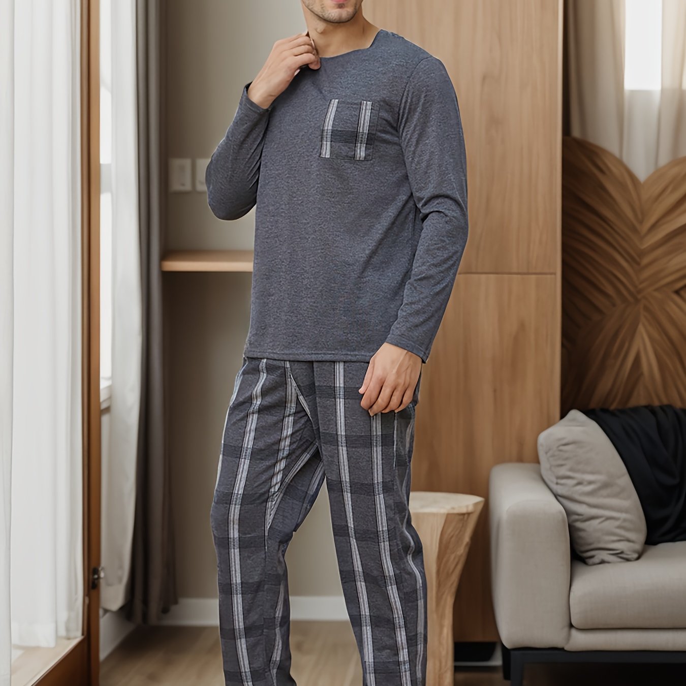 TEMU Men's Casual Pajama Set - Long Sleeve Round Neck T-shirt & Plaid Pants, Stretchy Polyester Blend, Spring/fall