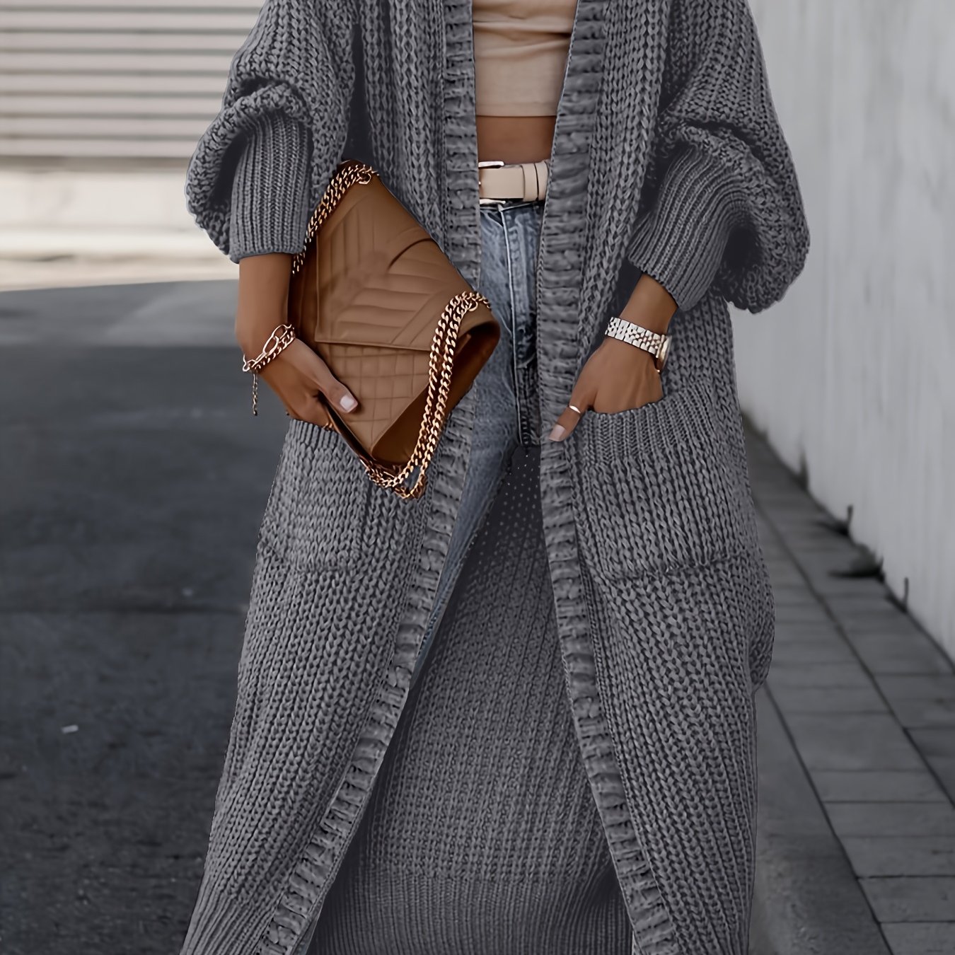 Image of Women' Color Casual Long Sleeve Drop Shoulder Cardigan | Fall/winter Long Length Coat With Pockets, Brand Nzzof