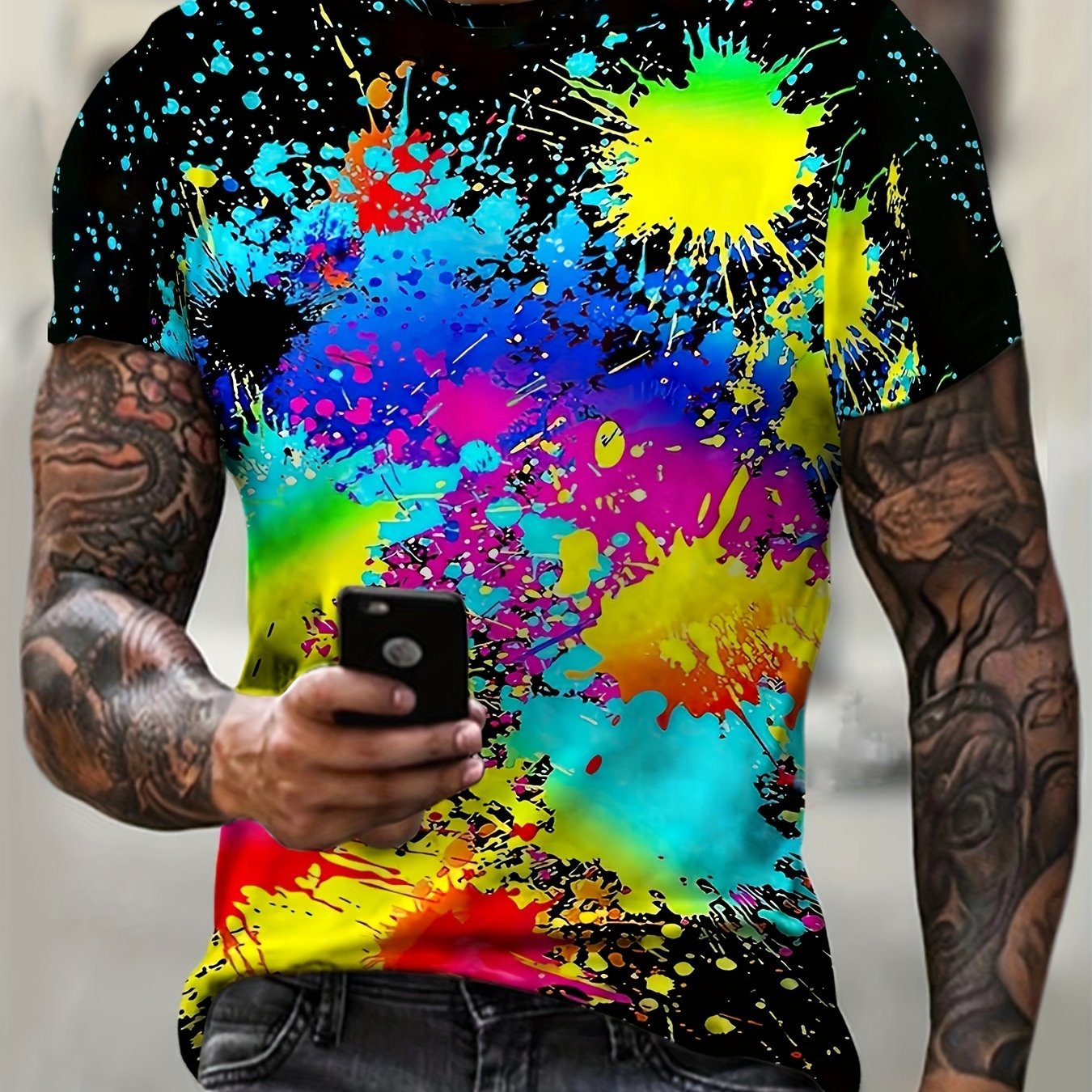 TEMU Casual Round Neck Short Sleeve - Graffiti Print - Machine Washable, Comfortable Crew Neck Top, Suitable For Casual Wear, 100% Polyester Knitted