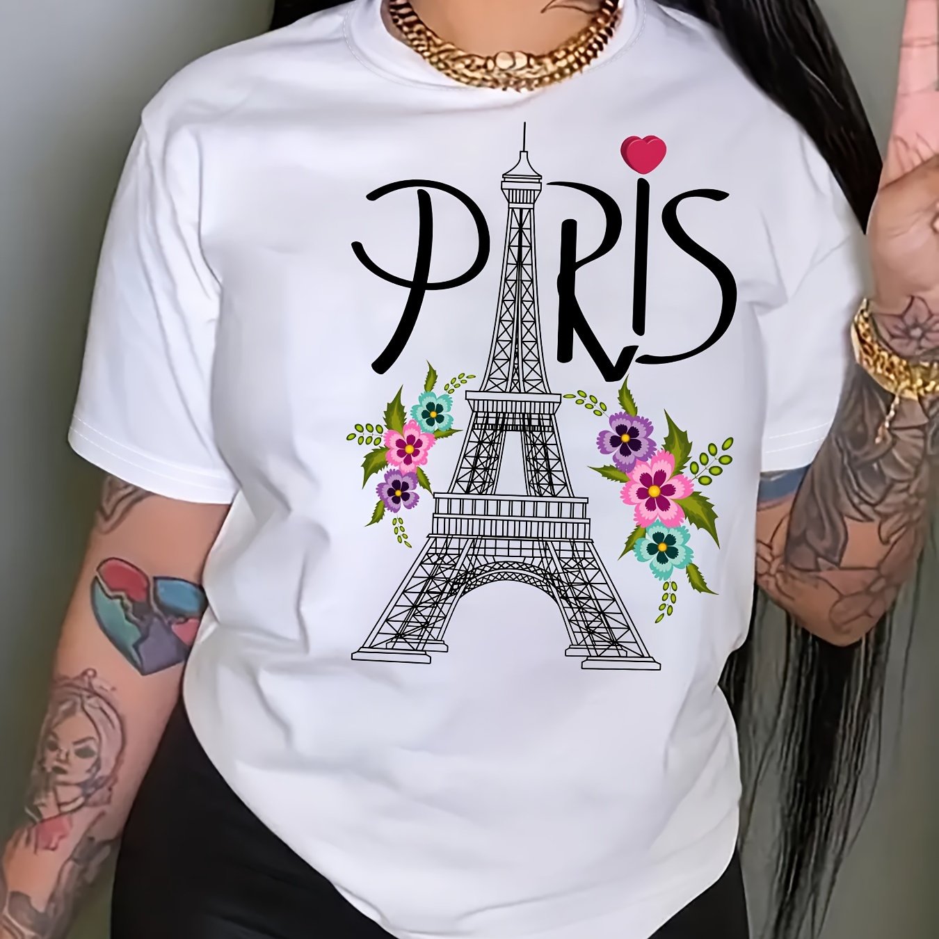 TEMU Summer/ Spring Women's Clothing, Paris Eiffel Tower Printed T-shirt, Short-sleeved Crew Neck Casual Top