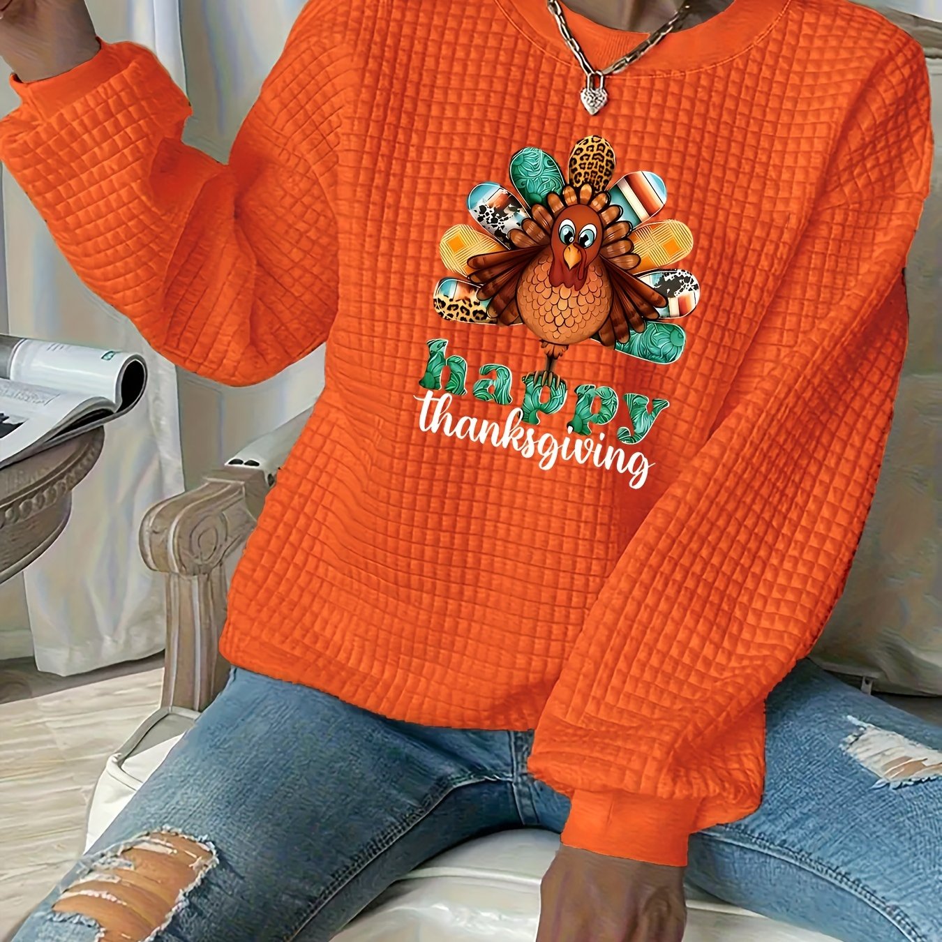 TEMU Plus Size, Plus Size Women's Waffle Texture Sweatshirt, Fashionable Versatile Printed Sweatshirt