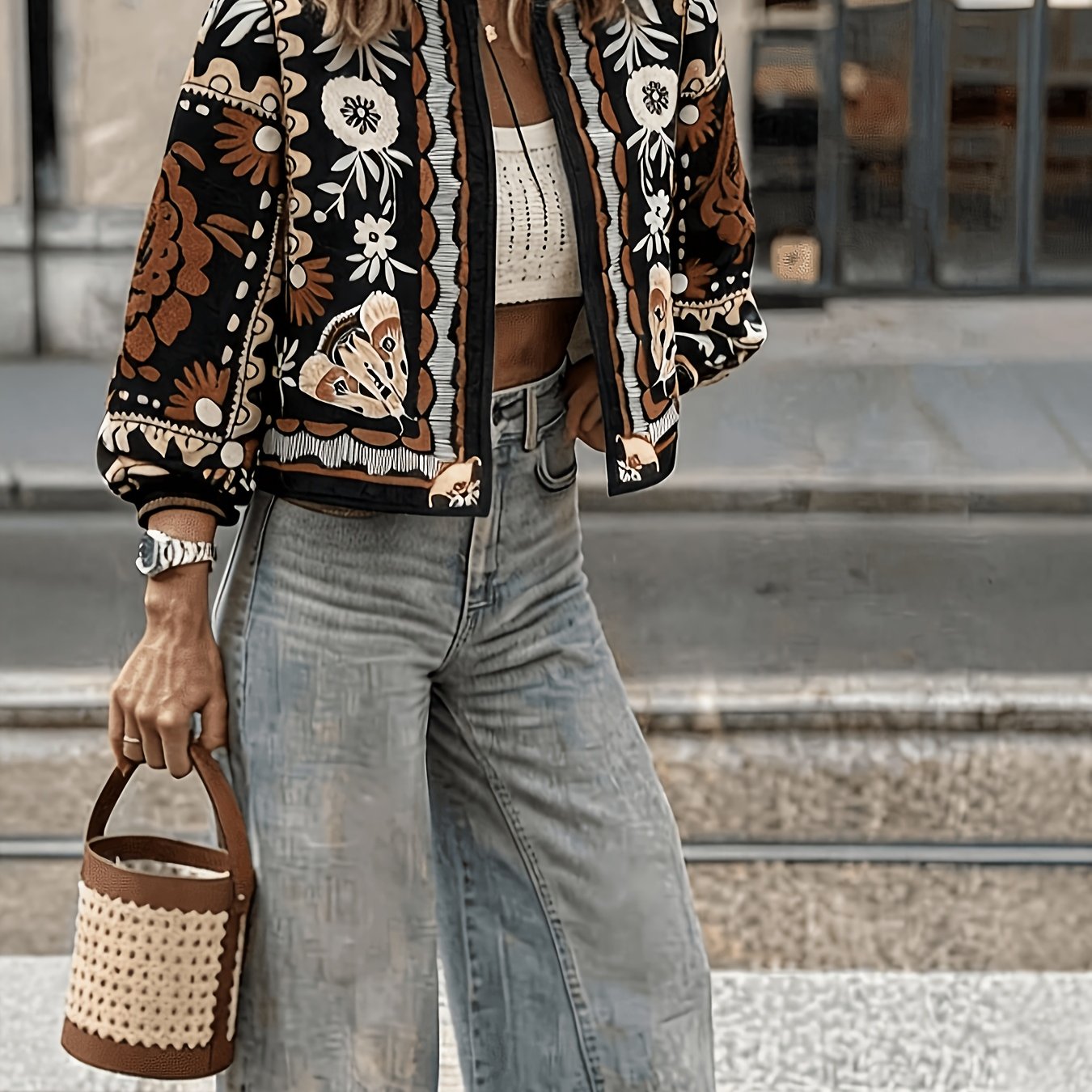 TEMU Travachic Women's Floral Boho Vintage Versatile Jacket Everyday Travel Black Autumn