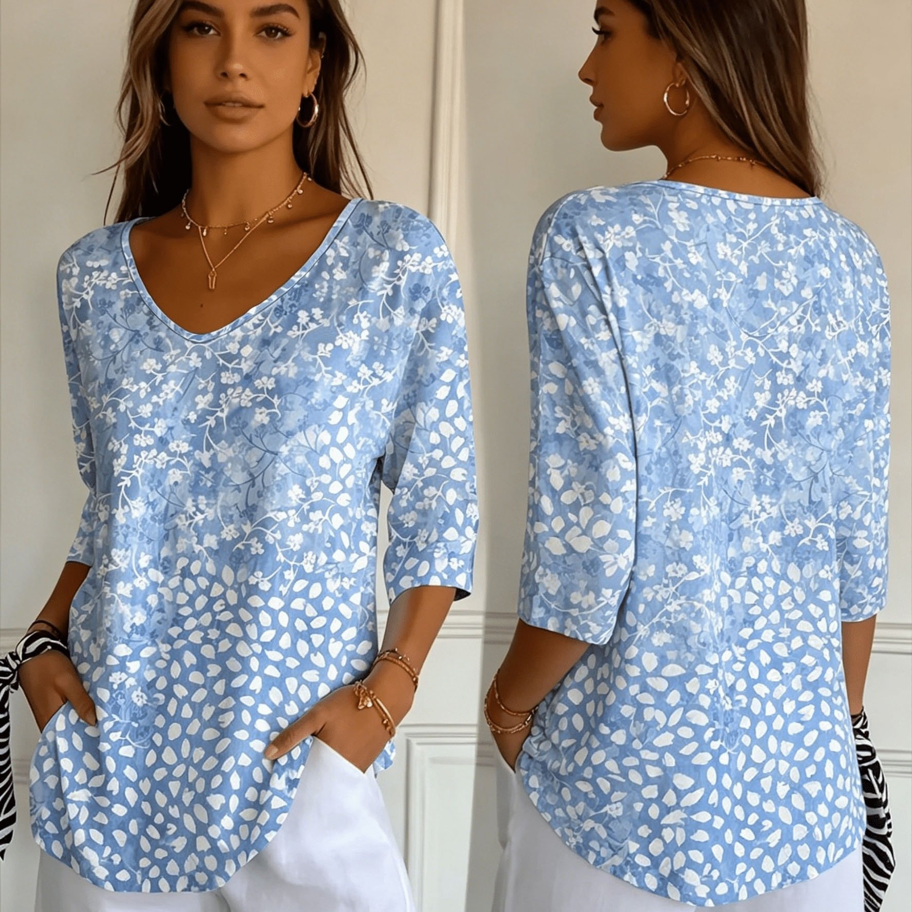 TEMU [printed Design – Not Textured] European And Fashion Holiday Women's Regular Fit Floral -quarter Sleeve V-neck T-shirt Top