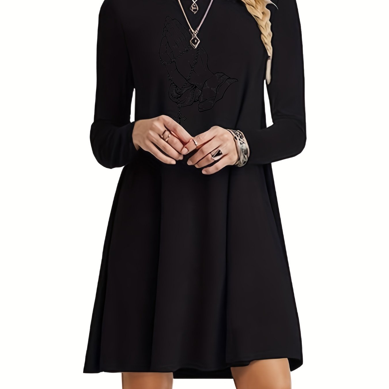 TEMU Women's Autumn/winter Casual New Style Simple Long Sleeve T-shirt Loose Fit Cross Hand Print Pattern Vacation Crew Neck Dress