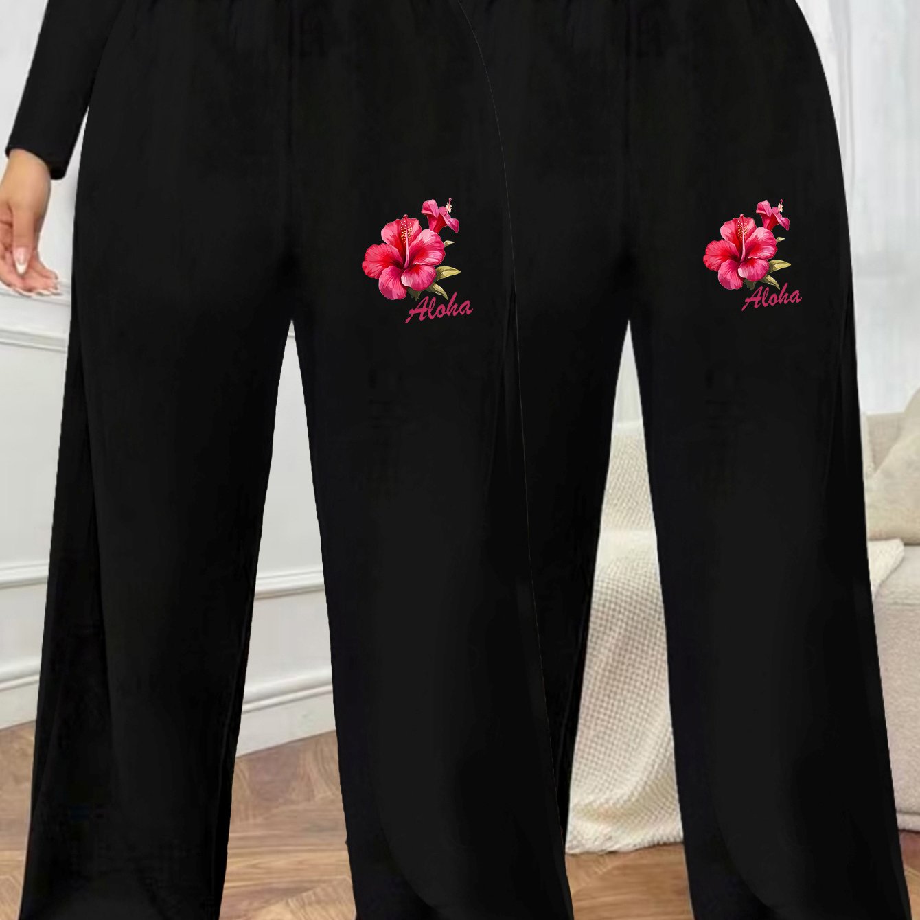 TEMU Plus Size - Women's Plus Size 2pcs Casual Pants Set - Floral Print, Oversized Stretch Trousers, Ideal For Outdoor, And Casual Wear - Machine