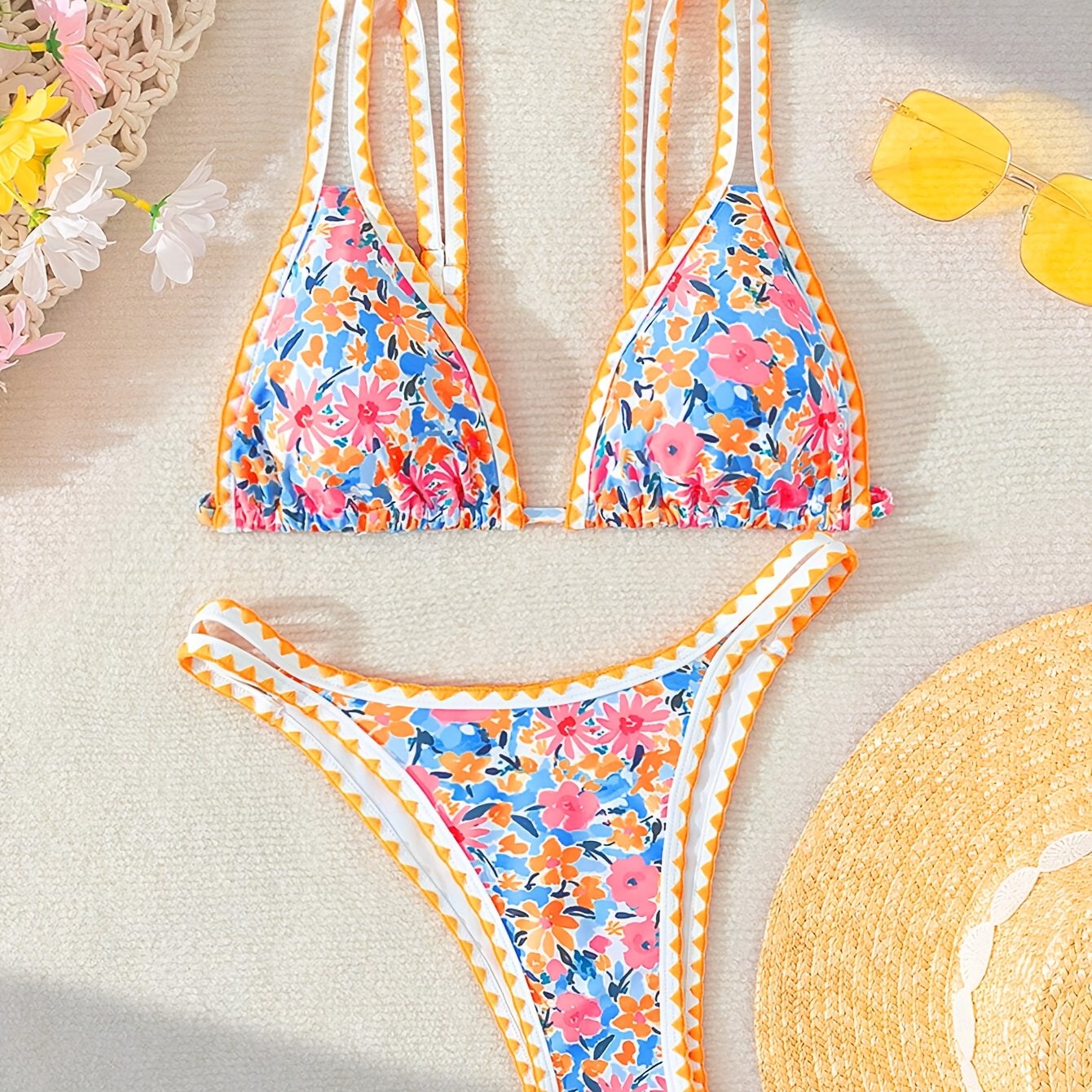 TEMU Women's Floral Print Bikini Set, Sexy Summer Beach Swimsuit With High Stretch Polyester And Spandex Fabric