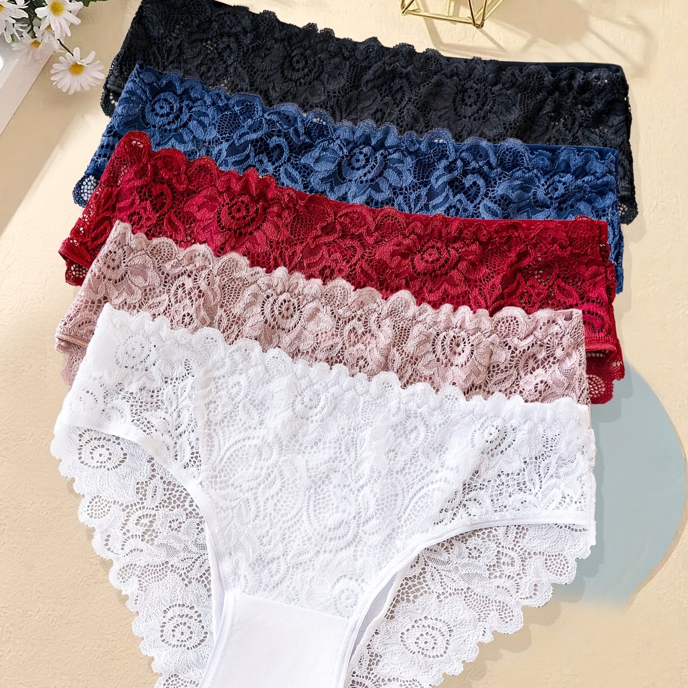 5pcs Pack Women's Plus Size Underwear - Full-coverage Lace Trim Full-size Panty, Soft Mid-rise Triangle Briefs Suitable For, Elegant Purchase For & Durability