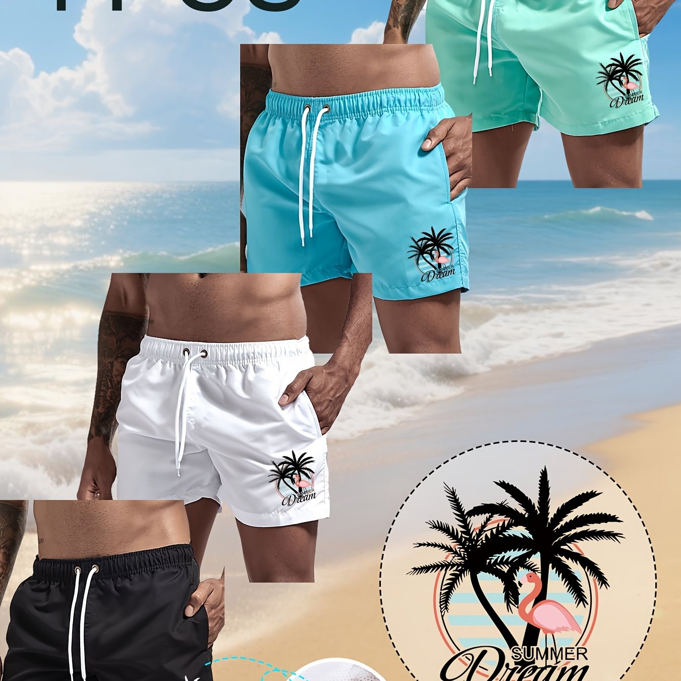 TEMU 4pcs Men's Flamingo Print Swim Trunks - Swim Shorts With Elastic Drawstring Waistband - Lightweight Beach Shorts For Surfing, Swimming, Fitness,