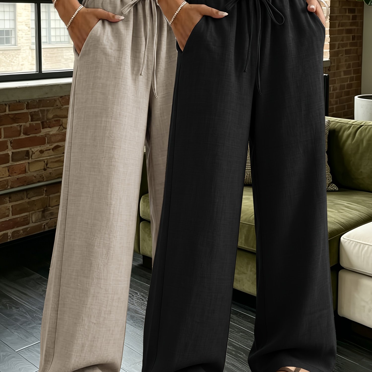 TEMU 2pcs Women's Straight Low-waist Long Trousers Autumn Women's Clothing Elegant Tie-side Wide-leg Pants, Summer, Machine Washable, Casual And