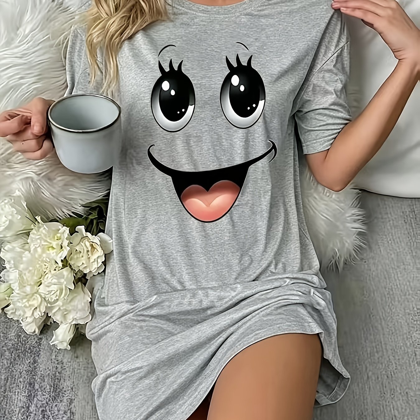 TEMU Women's Cartoon Print T-shirt Nightdress, Round Neck Short Sleeve Casual Loungewear Sleep Dress