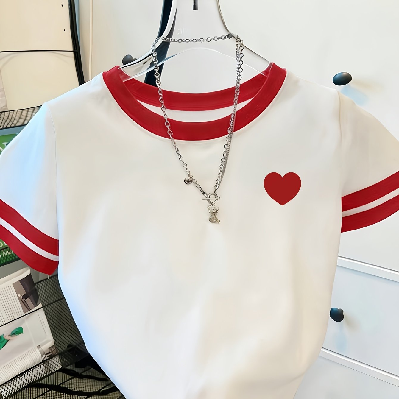 TEMU Women's Short-sleeve T-shirt With Heart Print & Color-block Striped Round Neck - Medium Stretch Casual Blouse Top Suitable For Commuting, Urban