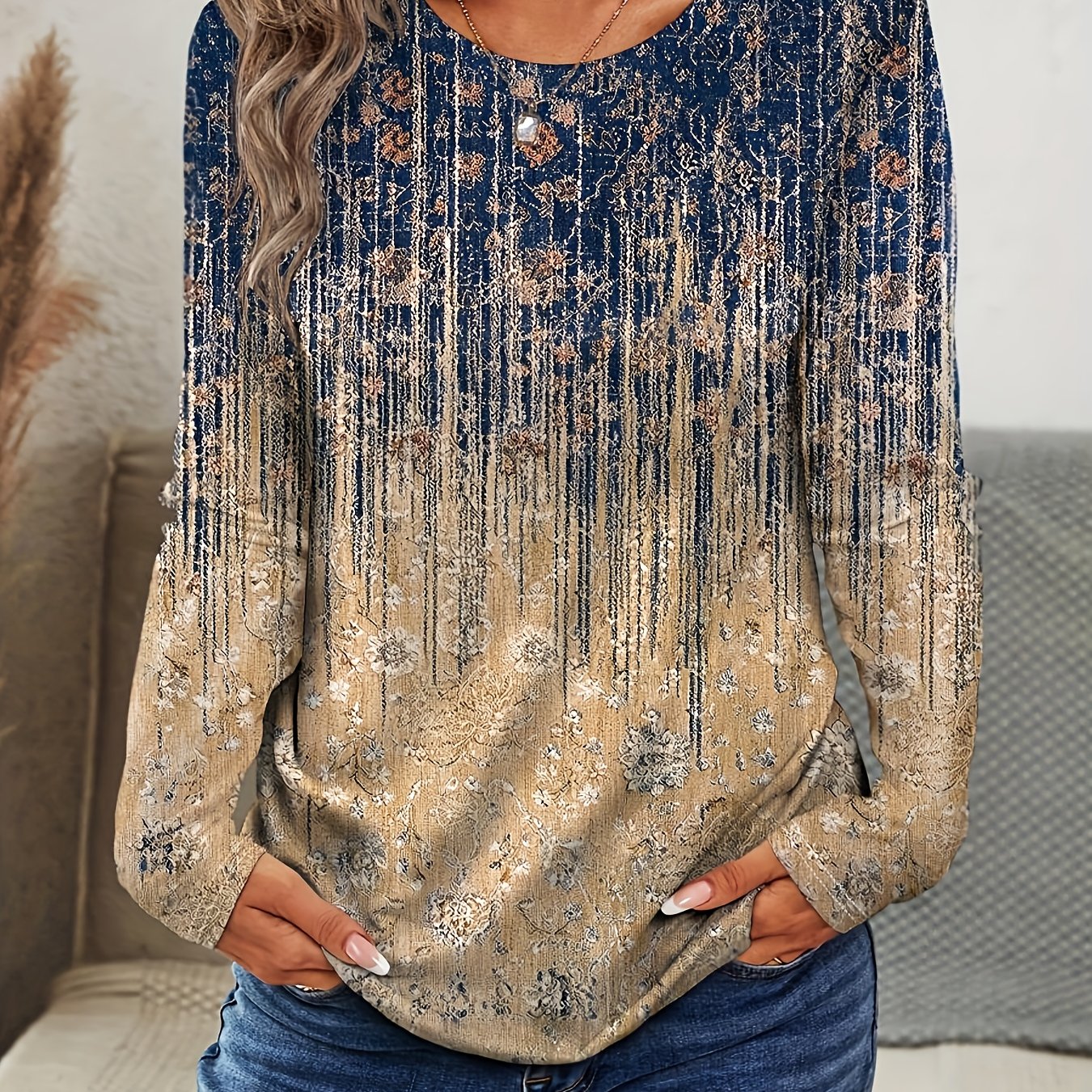 TEMU T-shirt décontracté vintage à manches longues et imprimé intégral pour femme, haut à motif d'automne pour et