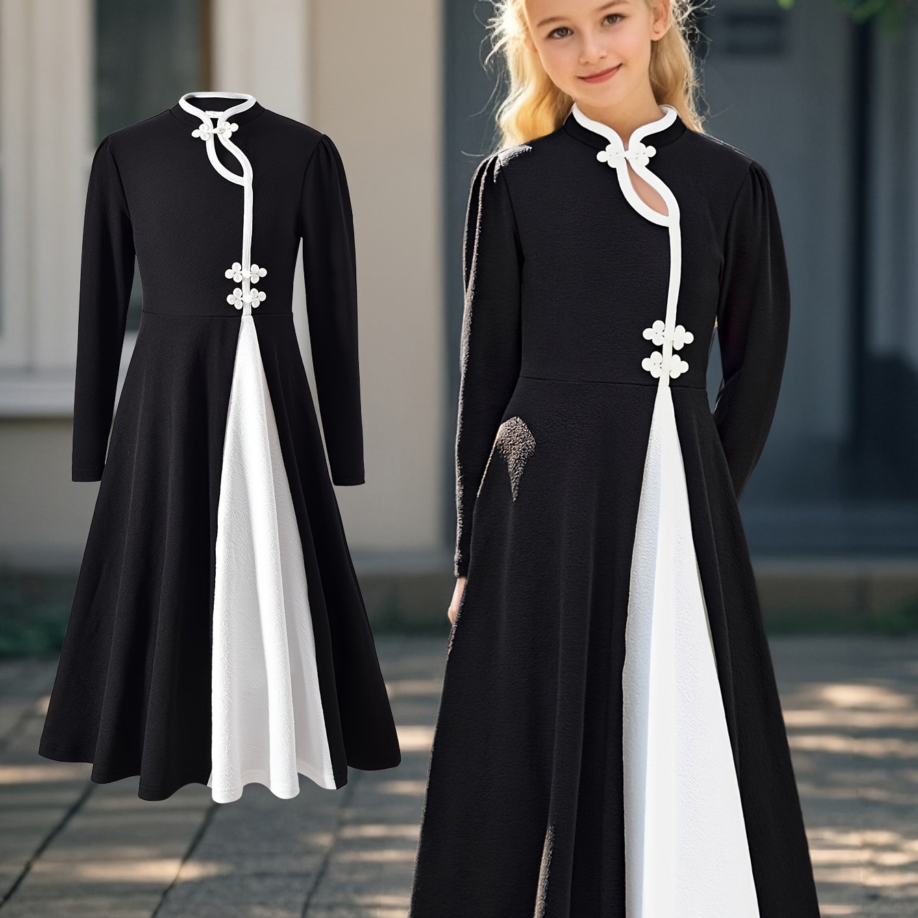 Image of Girls' Elegant Chinese-inspired Asymmetrical Black & White Dress With Collar & Cloud-shaped Buttons - Long Sleeve Mid-length Formal Party Wedding Attire, Machine Washable Winter Outfit